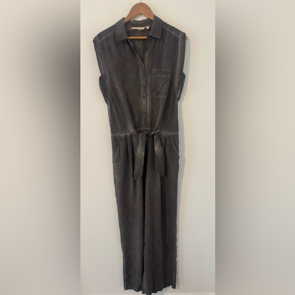 Soft Surroundings Camilla Jumpsuit Front Tie Button Grey Wide Leg Relaxed Med